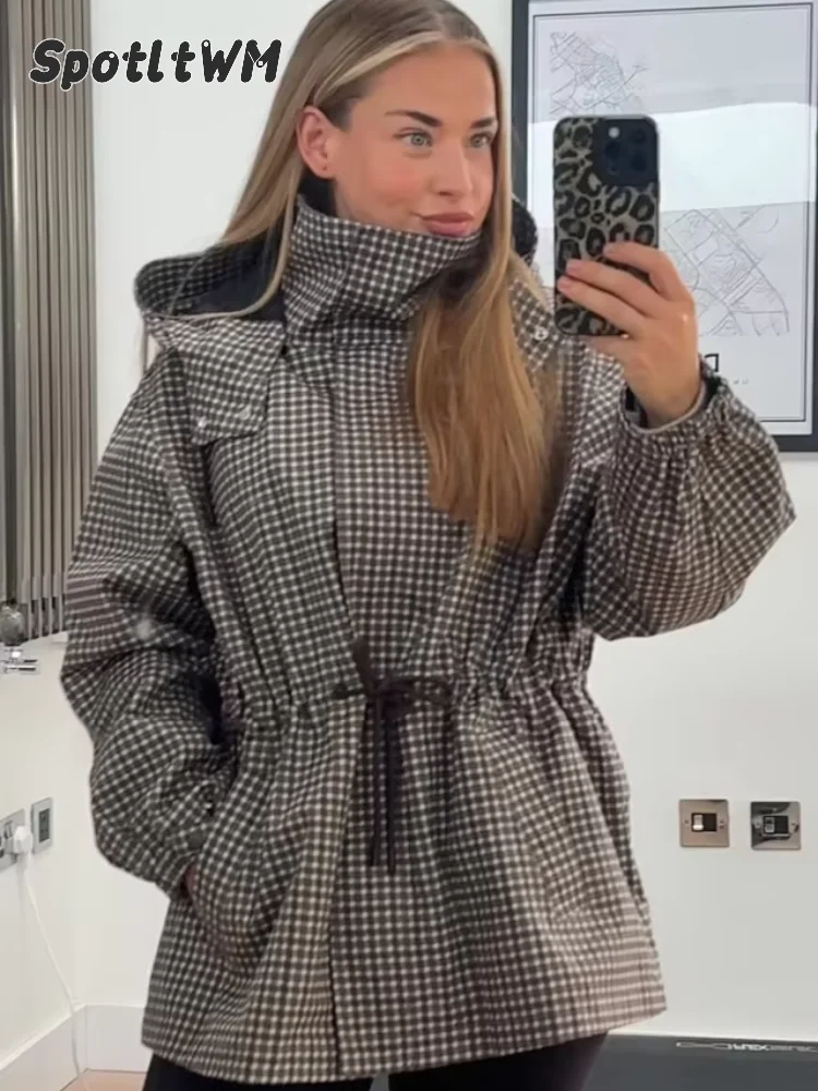 Women Brown Checkered High Neck Hooded Waist Tie Coats Oversized Cuff Outerwear 2026 Autumn  Outdoor Daily Street Chic Jackets