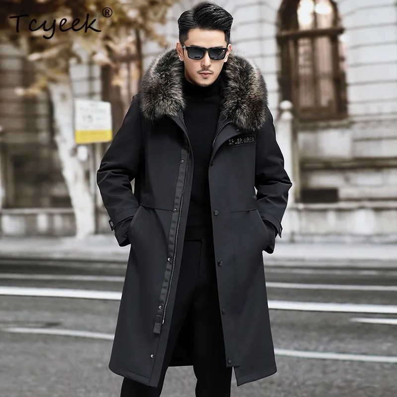 

Tcyeek Пальто из натурального кроличьего меха Мужская парка 2025 Теплый воротник из меха енота Длинные мужские пальто выше колена Зимняя одежда Шикарная куртка Мужская