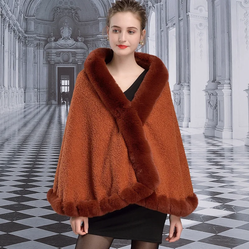 Handcraft Wavy Faux Rex Rabbit Fur Cape Coat Wraps Autumn Winter Women Imitated Lamb Wool Cardigan Cloak Shawl Good Quality