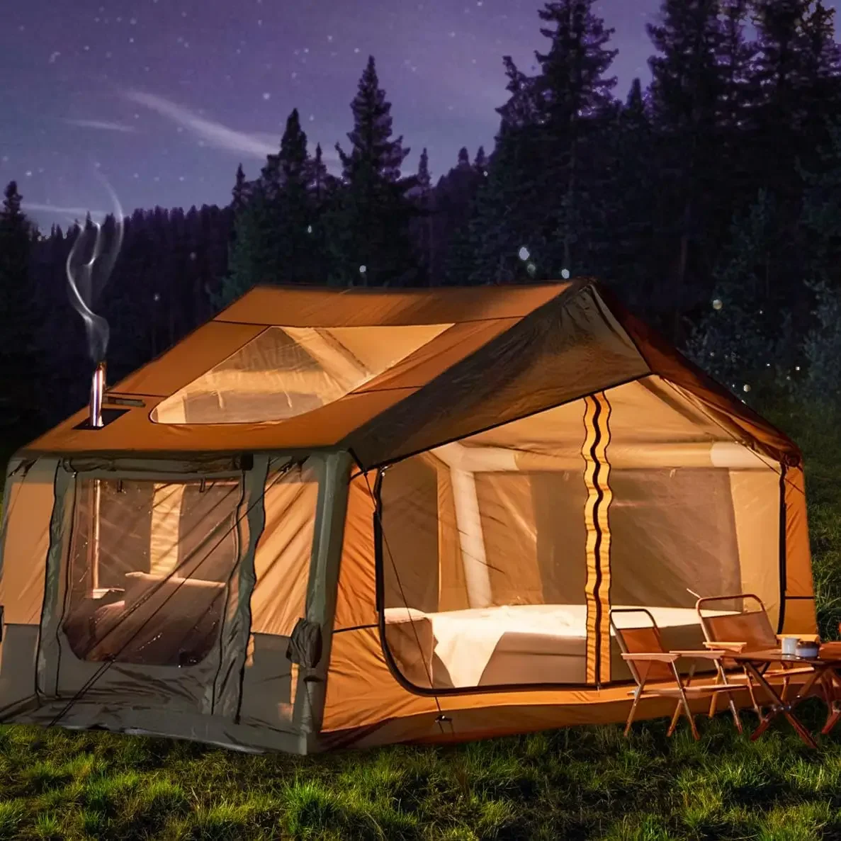 97 SQFT Inflatable Tent for 6 Person, Blow Up Tent with Clear Skylight, Pump & Stove Jack, Waterproof Spacious, Customized
