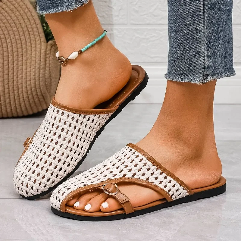 2025 Hot Sale Ladies Shoes Closed Toe Women's Slippers Fashion Belt Buckle Casual Slippers Women New Plus Size Flat Slippers