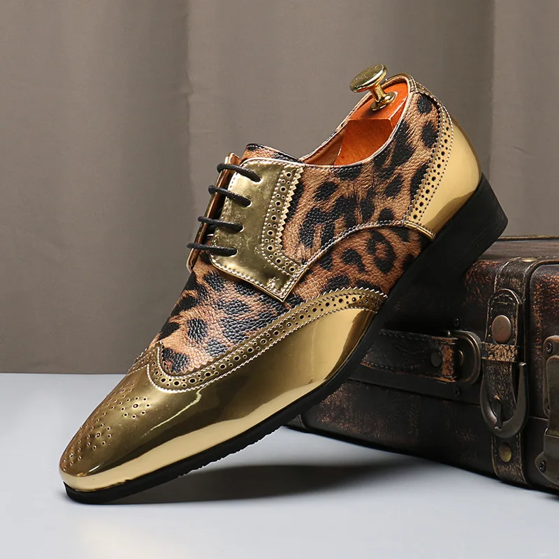Men's Leopard Print Oxfords Lace-Up Pointed Toe Formal Wedding Shoes Breathable Comfortable Business Casual Dress Shoes Big Size