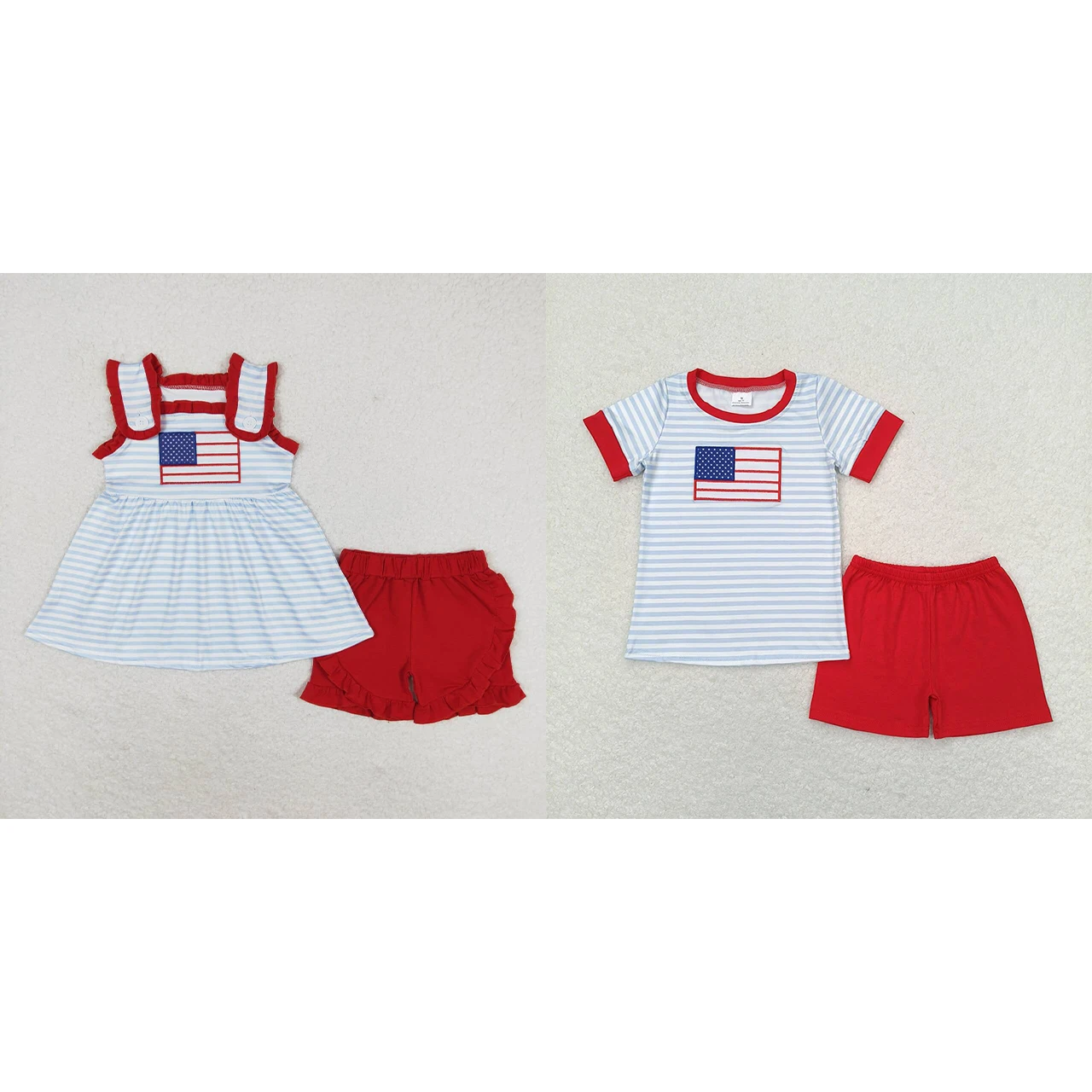 

Wholesale July 4th Kid Short Sleeves Embroidery Flags Sky Blue Tops Toddler Set Children Red Cotton Shorts Baby Boy Girl Outfit