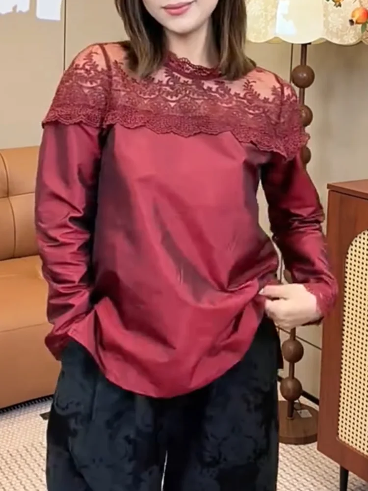 

Элегантный кружевной топ с длинными рукавами больших размеров, модный, осенний, 2025, новый, с круглым вырезом, во французском стиле, больших размеров.
