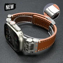 Leather Band for Apple Watch Ultra 3/2 49mm 46mm 45 44mm Luxury Bracelet Titanium Color Strap for iWatch Series 11 10 9 SE Loop