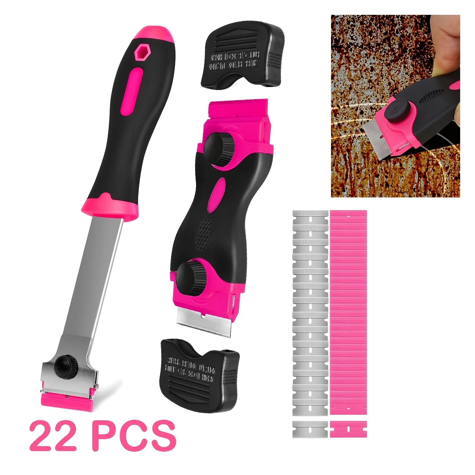 22PCS Multi-purpose Pink Scraper Kit Metal Plastic Razor Blades Set Glue Label Paint Remover Car Tint Window Stove Household Cle