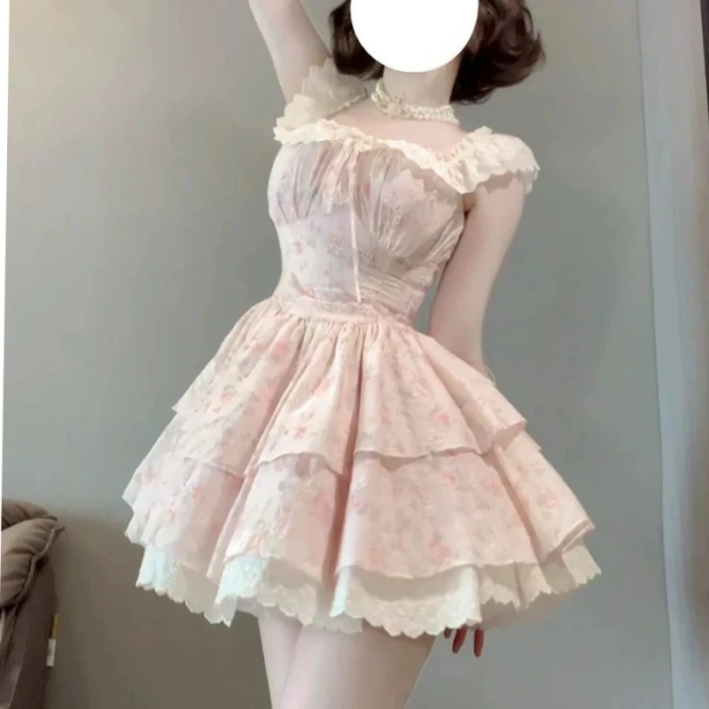 

Princess Ruffle High Waist Layered Dress Female Lolita Dress Women Lace Patchwork Sweet 2025 Fashion Elegant Dress sdfds2