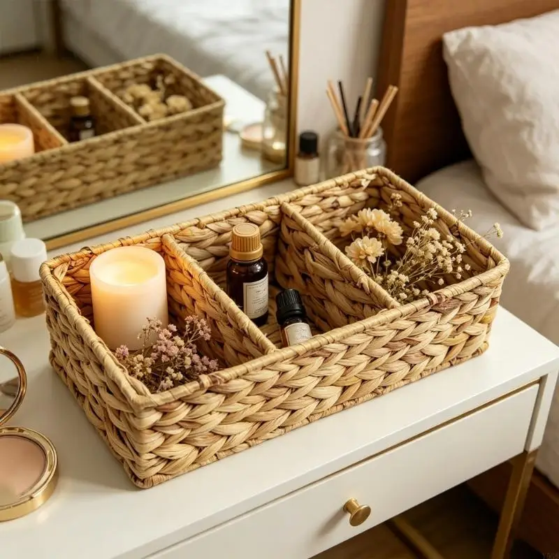 

Handwoven Straw Storage Basket With Multiple Compartments For Home Office Organization 36.5X15.5X11CM Y5GB