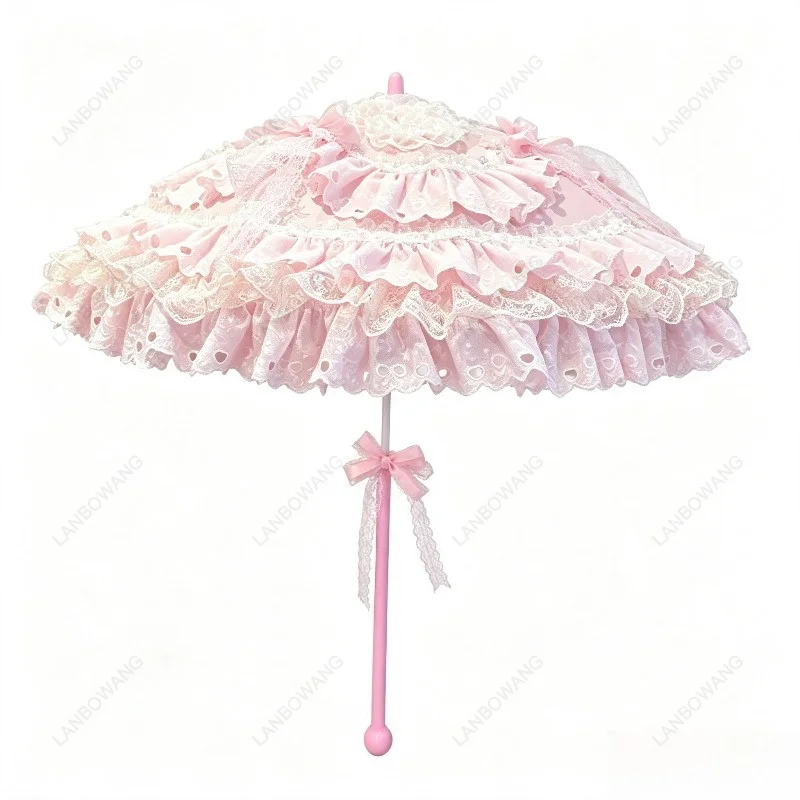 Handmade Lolita Umbrella Pink Floral Western Style Small Parasol, Wedding Tea Party Cosplay Photography Prop For Girls