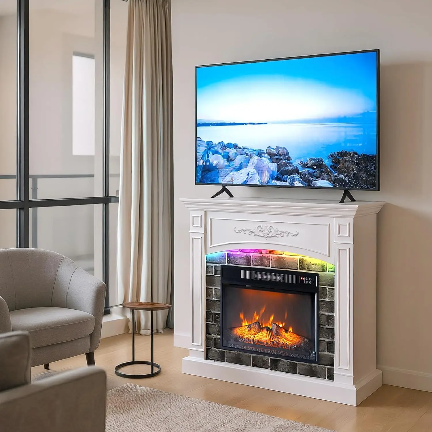 43" Fireplace TV Stand for 55" TV Modern Entertainment Center with Mantel LED Light Strips Living Room Bedroom White, Customized