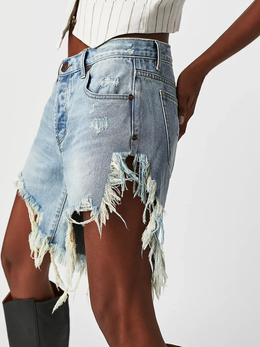 Women Trendy Denim Shorts Fringes Hem Woolen and Ripped Jeans with Pockets Male Fashion Buttons Low Waist Short Pants Streetwear