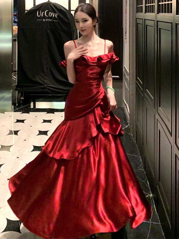 

Red Satin One-oulder Women's Dr Birthday Par Gown Long Skirt Sle Zipper mid Waist Princ Skirt Polyester Fiber
