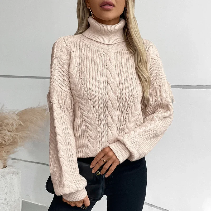 

Women Knit Sweaters Full Sleeve Turtleneck Loose Pullover Jumpers Loose Casual Solid Sweater Splice Ladies Winter 2024