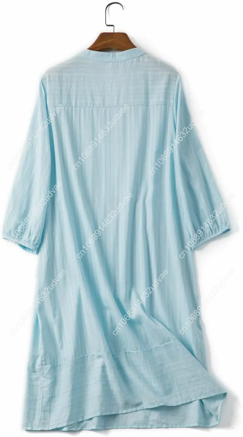 Lafural Abito da donna con scollo a V in cotone, tunica ampia e casual, grembiule, abiti estivi, abito da vacanza, tasca con maniche a 3/4