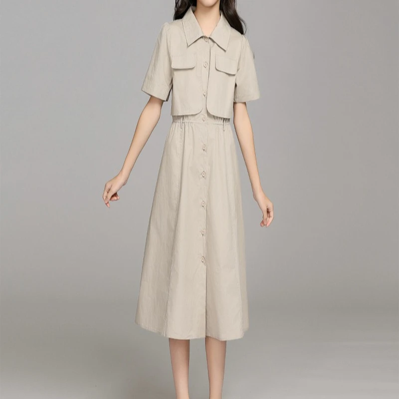 

Girls' Preppy Faux Two-Piece Dress 2026 Summer New, Turn-Down Collar Casual Gown for Big Kids Breathable Daily Wear