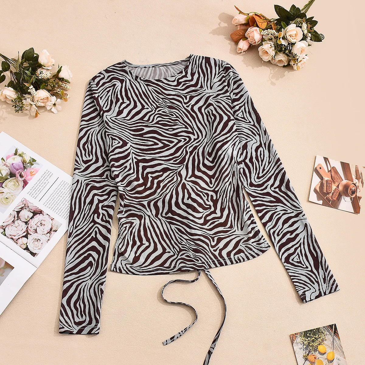 Women Long Sleeve T-Shirt Zebra Print Spring Summer Vintage Streetwear Female Sexy Slim Pullover Tops Ladies O-neck Mesh Tees