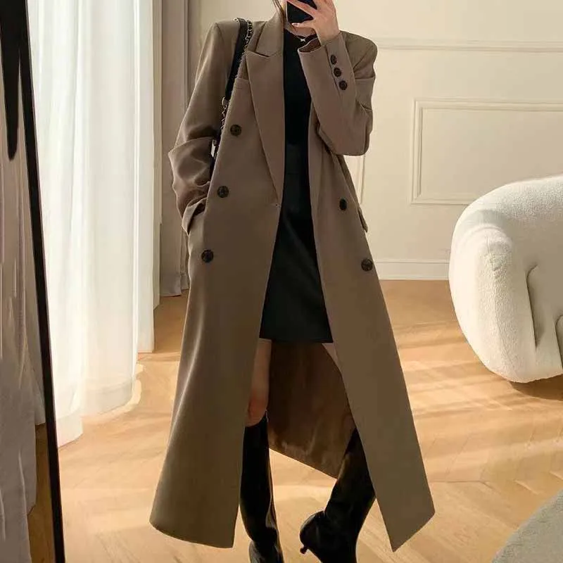 Lucyever Korean Style Chic Office Lady Long Blazers Elegant Double Breasted Blazer Jacket Women Fashion Streetwear Trench Coat