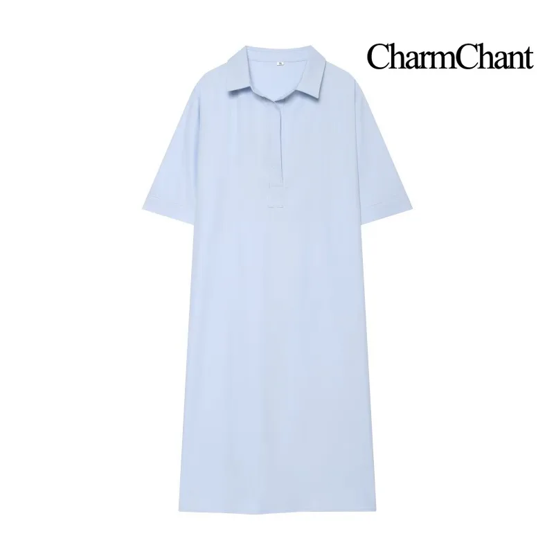 CHARMCHANT Women's Half Placket Short Sleeve Shirt Dress Turn Down Collar Side Slit Pocket Loose Collared Midi Dress Summer 2026