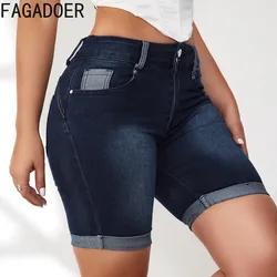 FAGADOER-Short en jean élastique bleu foncé pour femme, taille haute, bouton, poche, slim, décontracté, cowboy, été, haute qualité