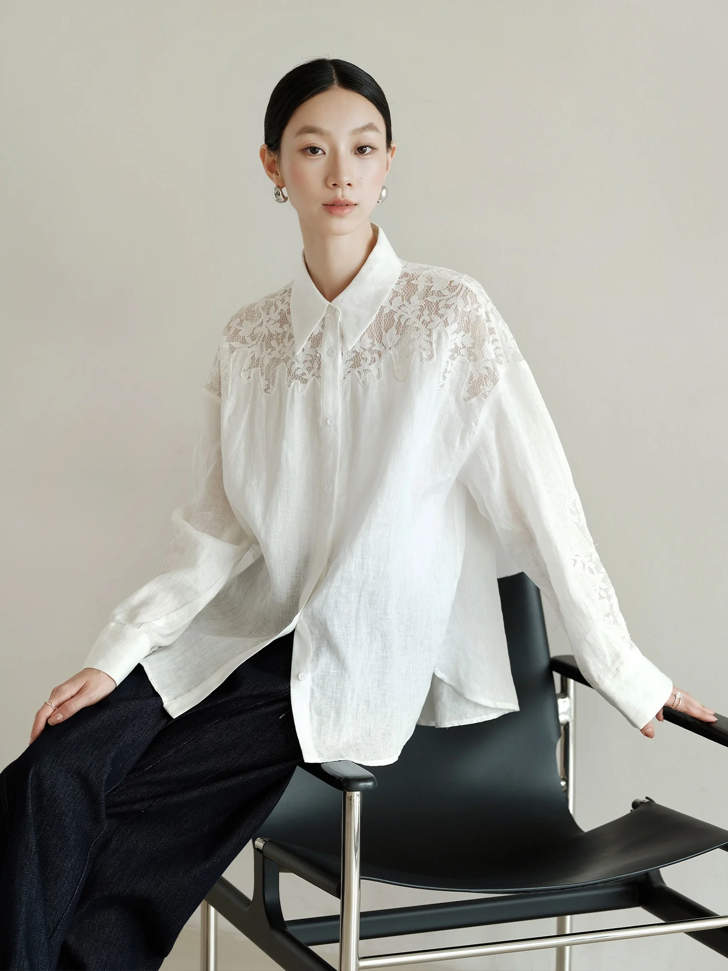 

Ji Qirui 00% Linen Early Autumn Romantic Lace Patchwork Loose Lazy Sle Long Sve irt Women's Casual Breathable irt