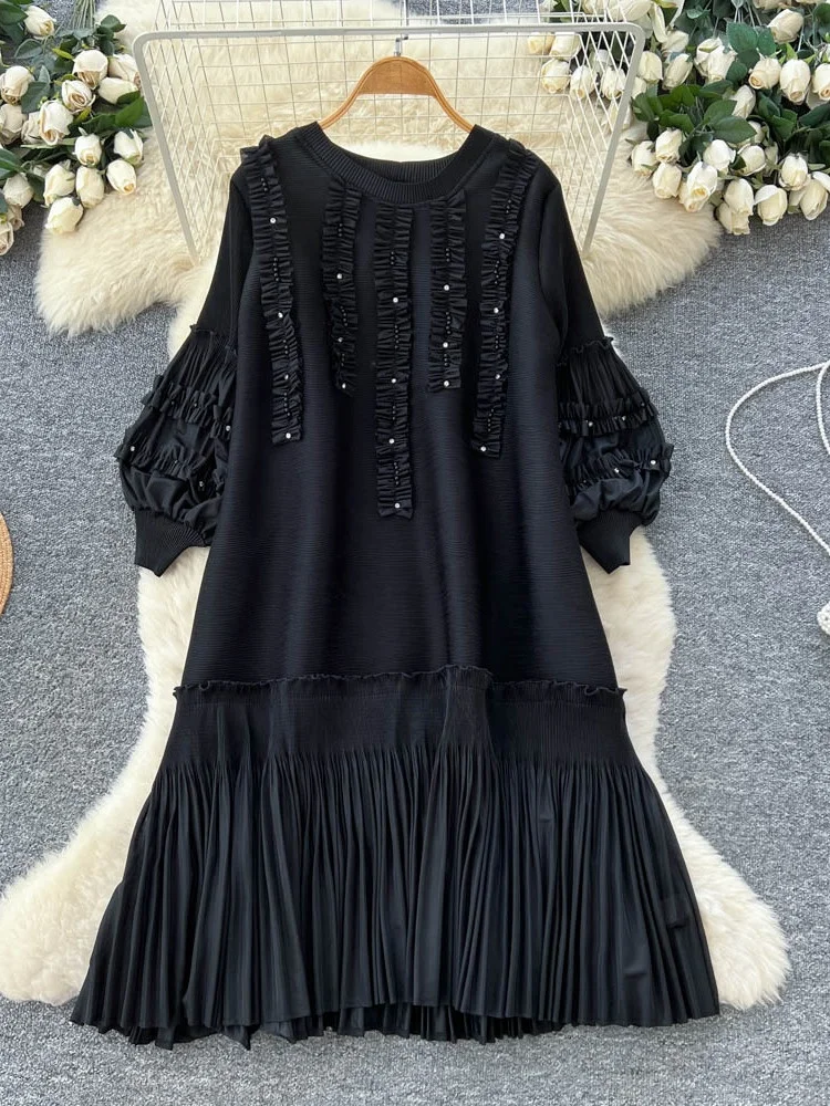 Długa spódnica damska z wysokim stanem, plisowana, elastyczna, w stylu latarni, idealna na lato, do pracy, z perłami.