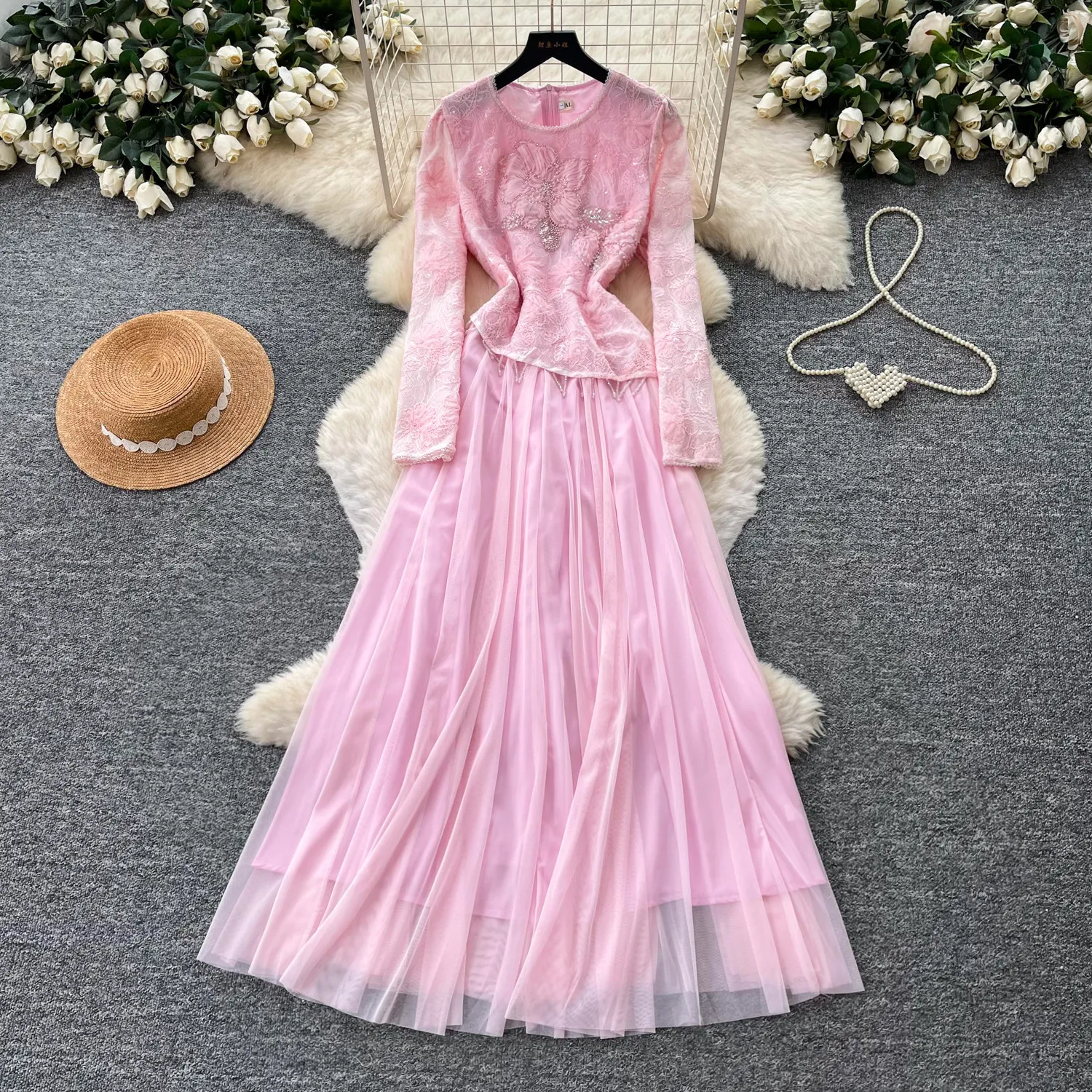 Tüll Maxikleid mit Rüschen, A-Linie, lässig, Patchwork, Herbst, Urlaubskleid
