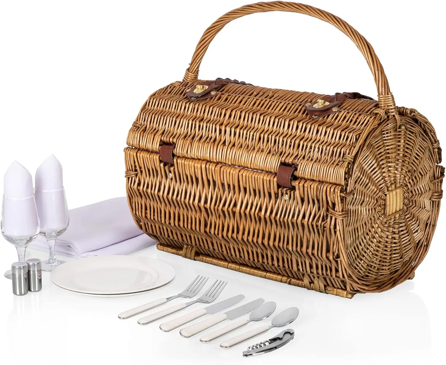 Romantic English Style Rounded Wicker Picnic Basket For Two, Hand Woven Barrel Shaped Wooden Picnic Suitcase With Complete Dining Service, Red And White Gingham Pattern view 3