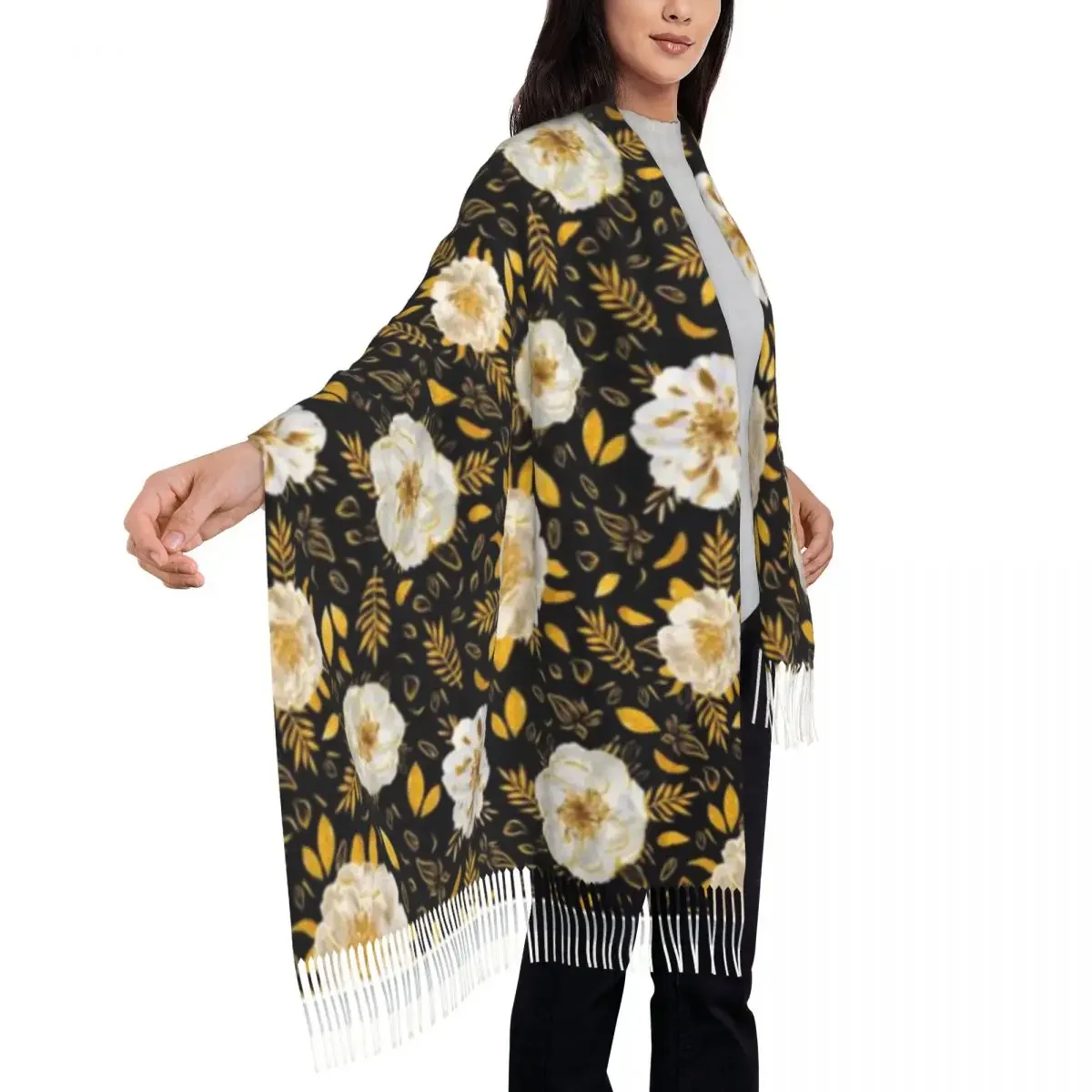 شال الزهور الذهبية والأوراق وشاح شرابة