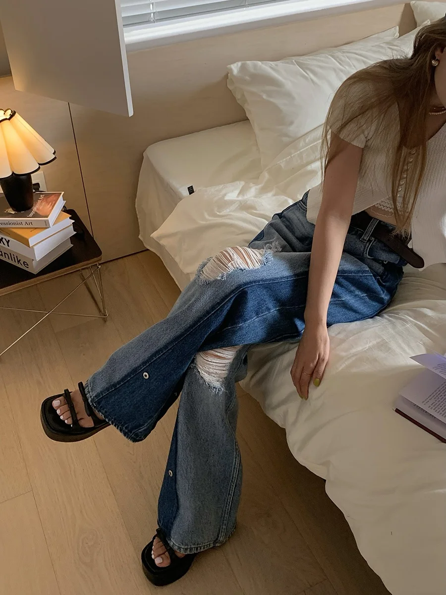 

BLUETIQUE Color Blo Denim Pants Loose Fit Casual High Waist Wide Leg Trousers Hole Design Four Seasons Universal