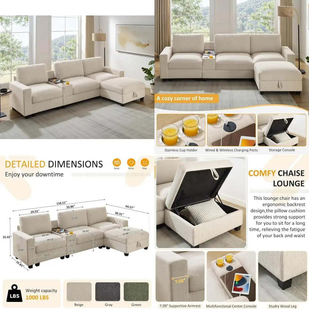 

Convertible Sectional Sofa with Storage Ottoman, Comfortable 3 Seater Chenille Couch, Charging Ports & Cup Holders, Space-Saving
