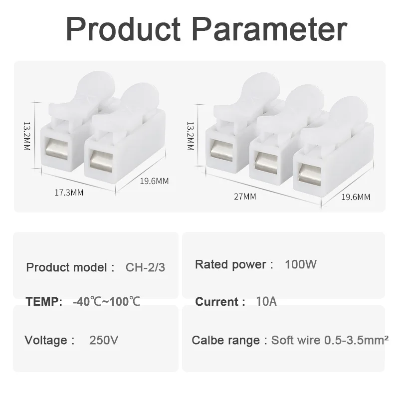 10pcs CH-2 CH-3 Quick Connector 2P 3P Electrical Wire Crimp Terminals Block Splice Cable Clamp Self-locking Press Terminal Post