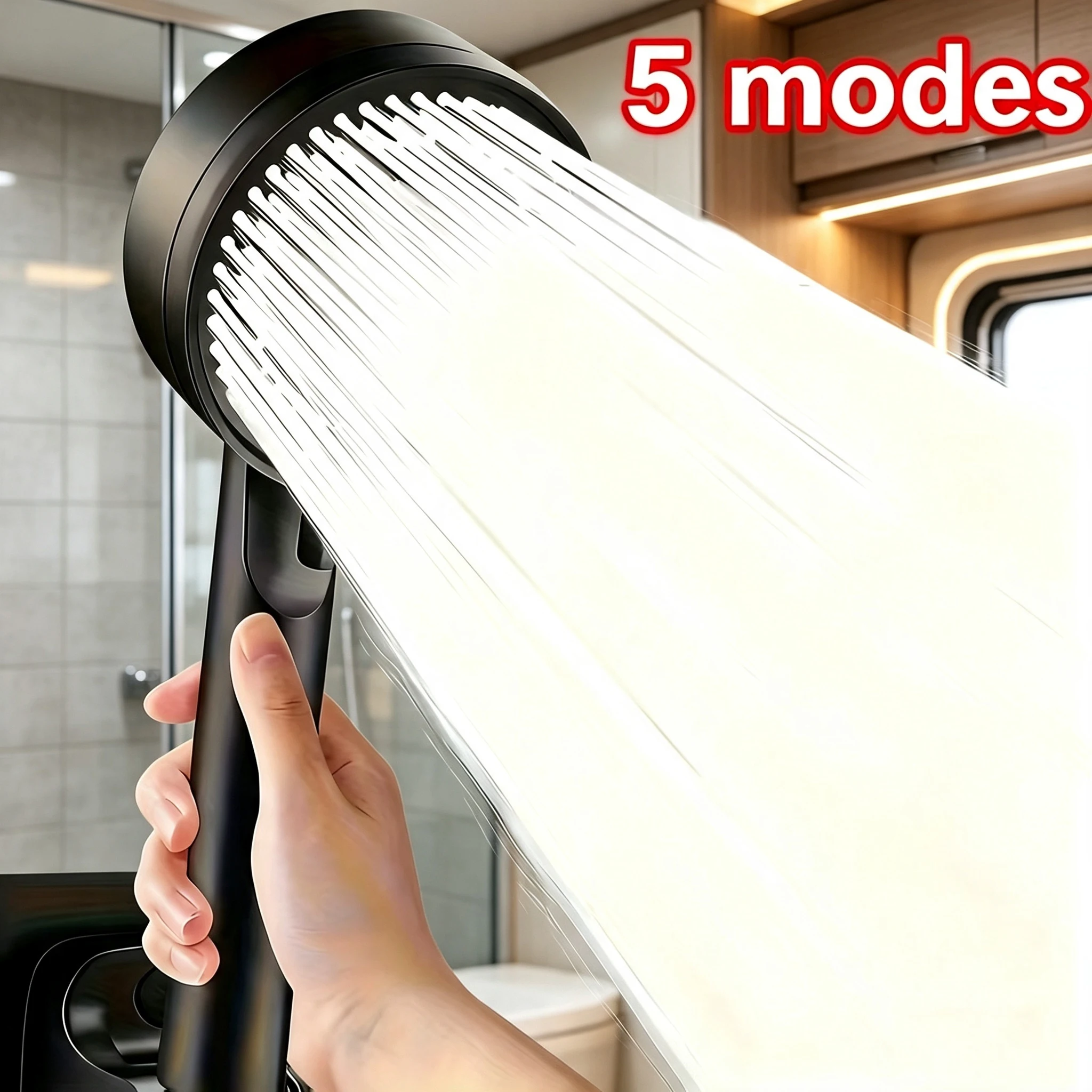 Black handheld bathroom showerhead, five level water outlet mode, pressurized design, suitable for bathroom RVs