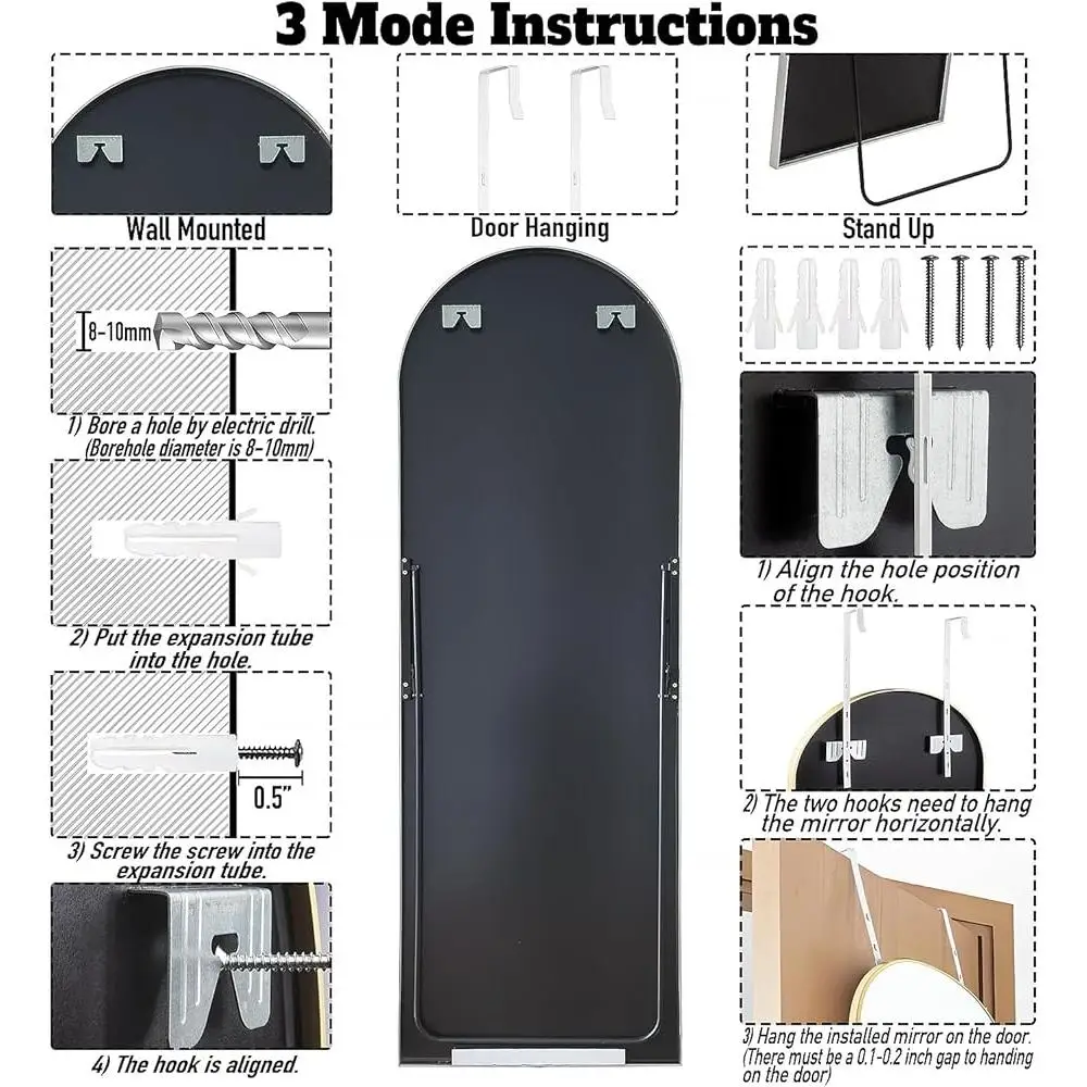 Espelho de comprimento total arco estrutura de metal fixado na parede porta pendurado espelho quarto banheiro sala estar fácil instalação