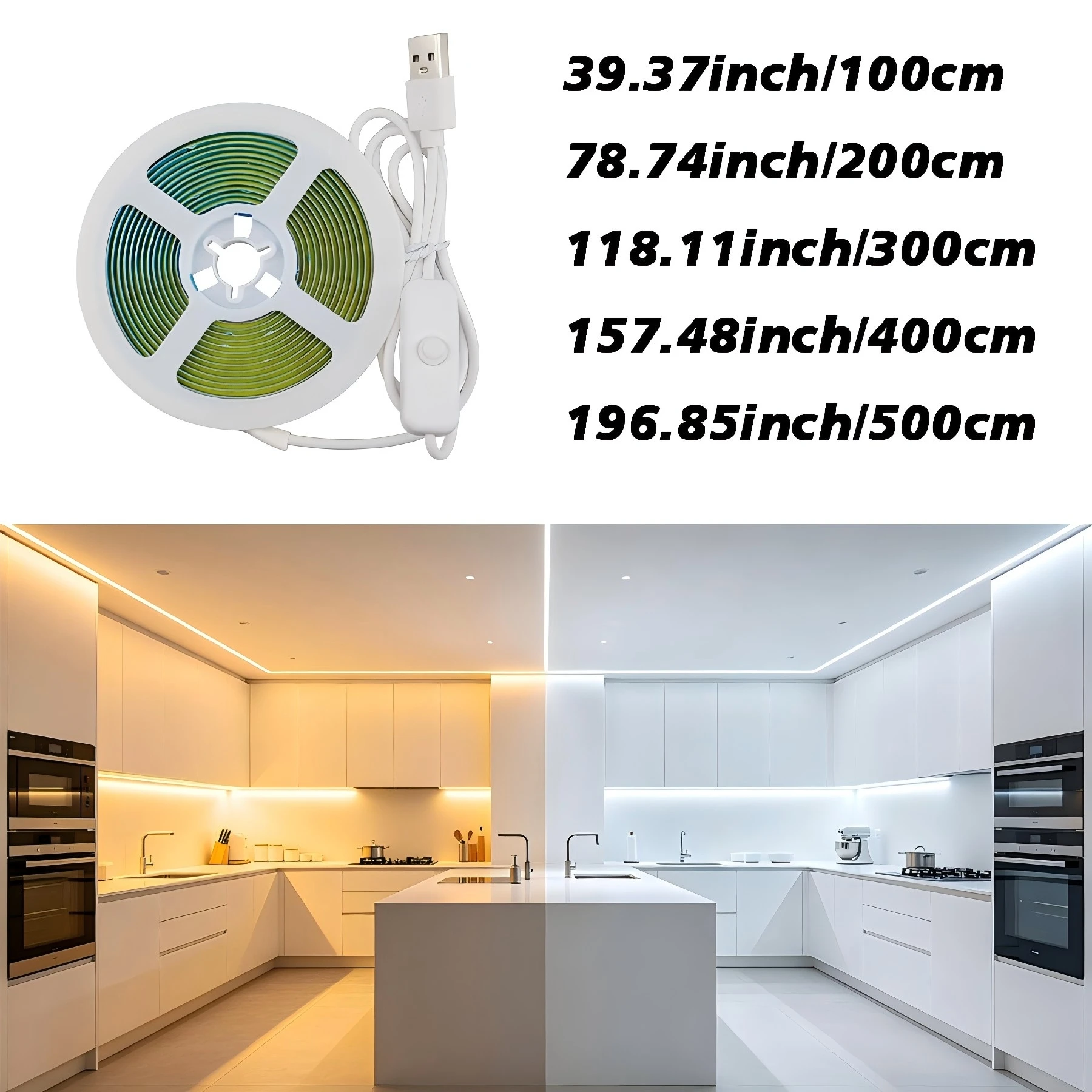 5V COB LED light strip, USB powered, equipped with a switch, available in warm/white. Suitable for living rooms, bedrooms, etc.
