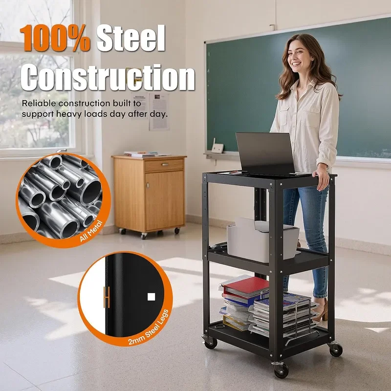 3 Shelf Metal Utility Cart Durable Computer Cart on Wheels with Power Strip Height Adjustable AV Presentation Cart Stand for