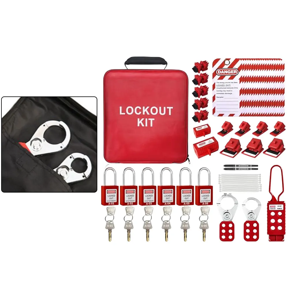 Industrial safety lock set with electrical lock tags circuit breaker lockouts and nylon cable ties for hazard prevention