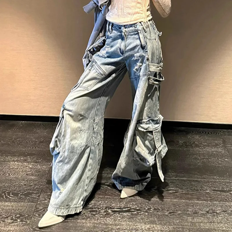 

Western Retro Y2K Streetwear Acid Wash Cargo Pants Women 2025 Multi-Pocket Distressed Denim Floor-Sweeping Design Spring/Fall