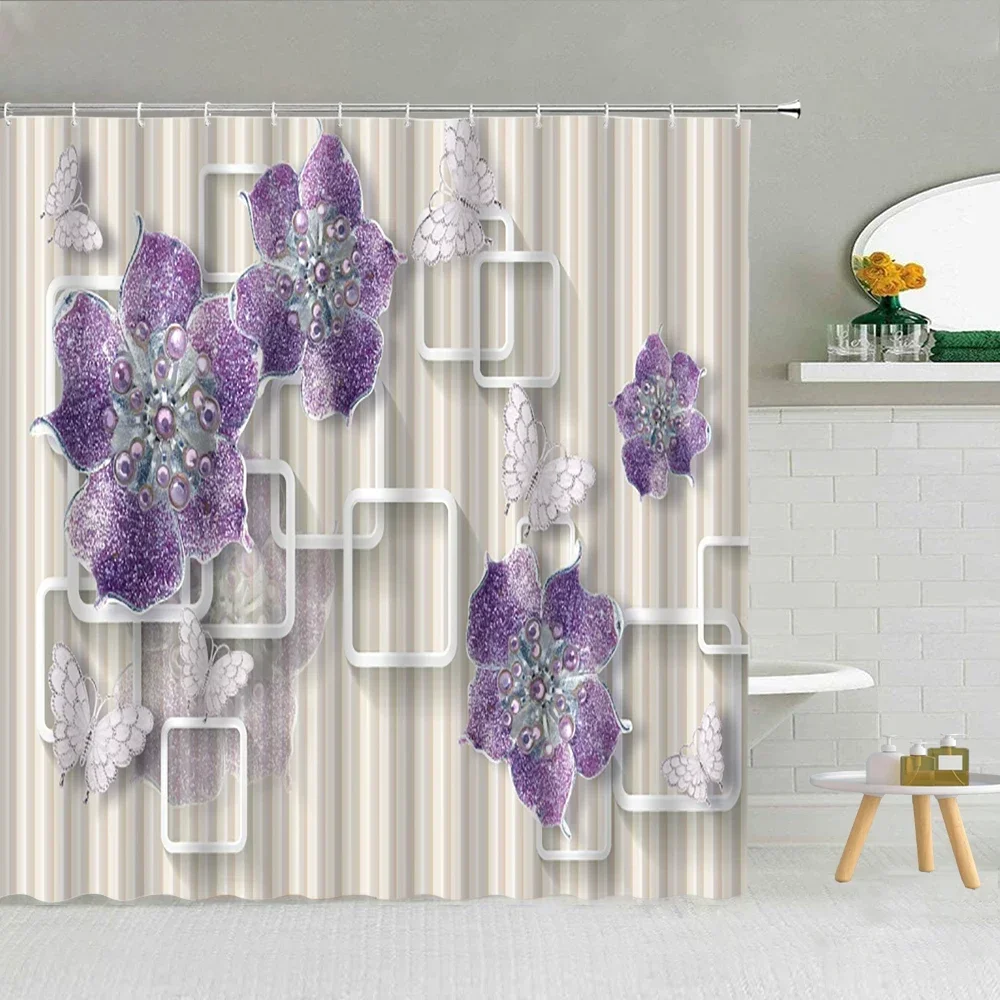 3D Embossed Flower Geometry Shower Curtain Vine Leaves Butterfly European Luxury Waterproof Bathroom Art Decor Hooks Curtains