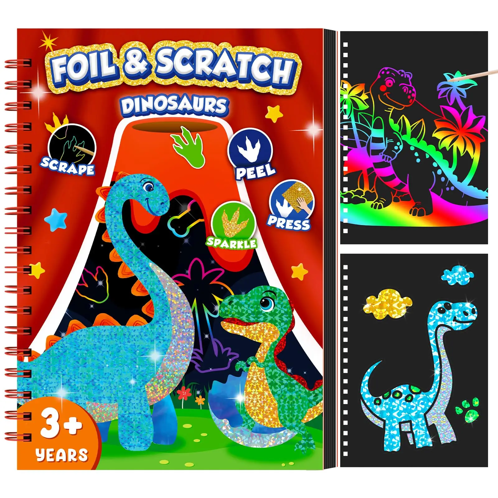 Dinosaur Scratch Art Book for Kids Foil and Scratch Art Paper No Mess Art Crafts DIY Creative Activity Kit for Birthdy Gifts
