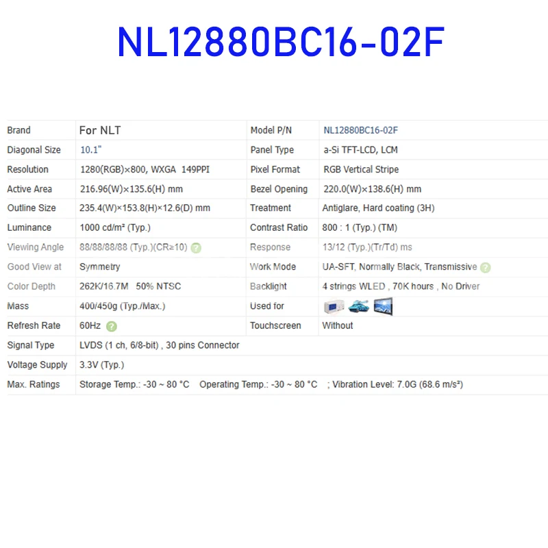 NL12880BC16-02F 10.1 Inch LCD Display Screen Panel Original for NLT Brand New and Fast Shipping 100% Tested