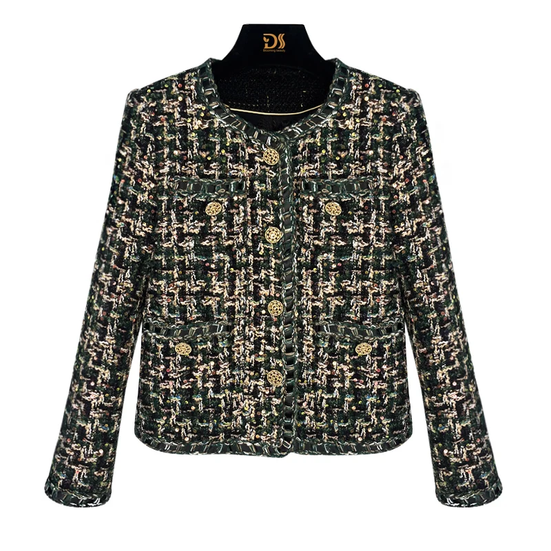 

Новая мода ретро знаменитости тяжелой промышленности с блестками темпераментный дизайн с круглым вырезом однобортная маленькая ароматная куртка