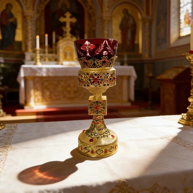 Vergoldeter orthodox-katholischer Liturgiekelch mit emaillierten roten Edelsteinen und rotem Glasbecher für die Kirchencommunion und den Heimaltar. – Detail 4