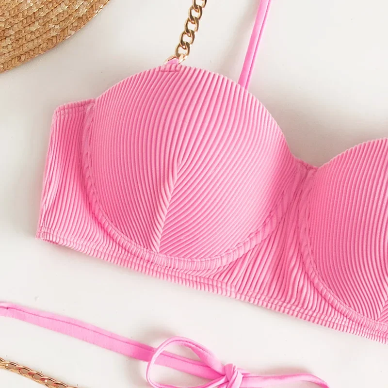 2024 Rosa Tankini-Bikini-Set mit hoher Taille, Damenbekleidung, Badeanzug, Sommer, Strand, Urlaub, Outfits, Kette, Hosenträger, Badeanzug