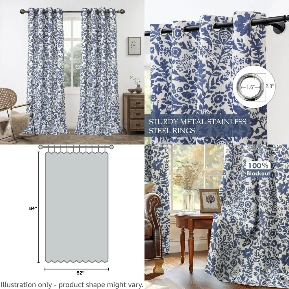 Zasłony termoizolacyjne zaciemniające z lnu w kolorze granatowym, dwuczęściowe, 132x213 cm, z nadrukiem akwarelowym i podszewką.