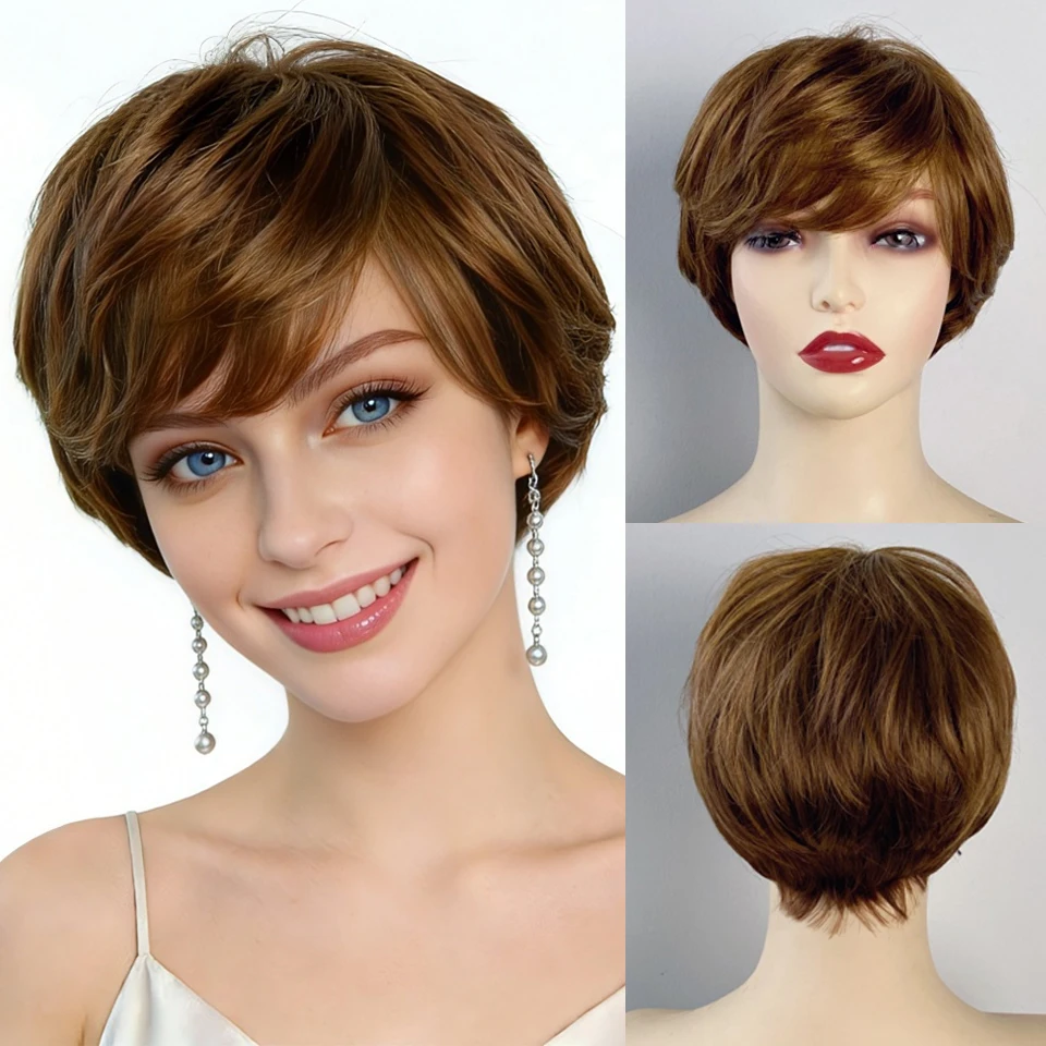 Short Straight Wig for White Women Synthetic Wig/Bang Layered Pixie Cut Short Hair Wigs