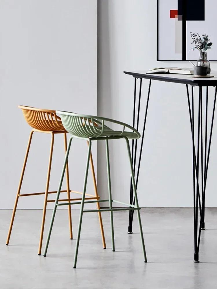 Home Modern Backrest High Stool Nordic Wrought Iron Bar Chair Minimalist Stool for Front Desk Minimalist Benches for Kitchen Bar