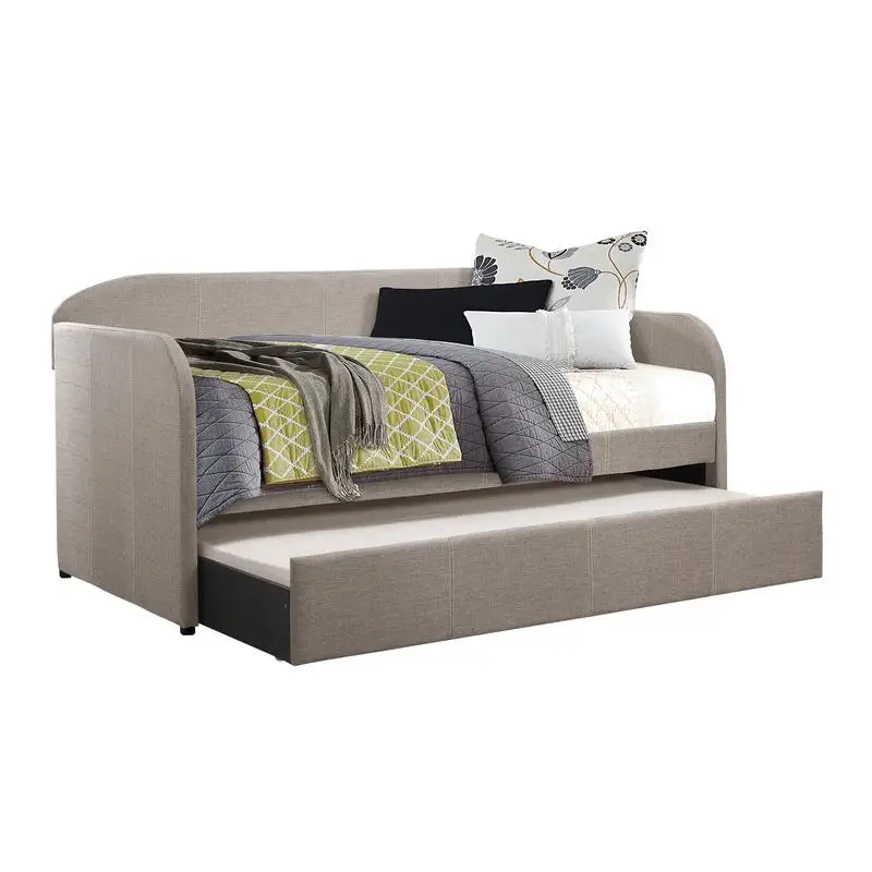 Modern Daybed with Gray Fabric Upholstery and Arched Back Panel, Includes Pull-Out Trundle Bed with Casters for Space-Saving