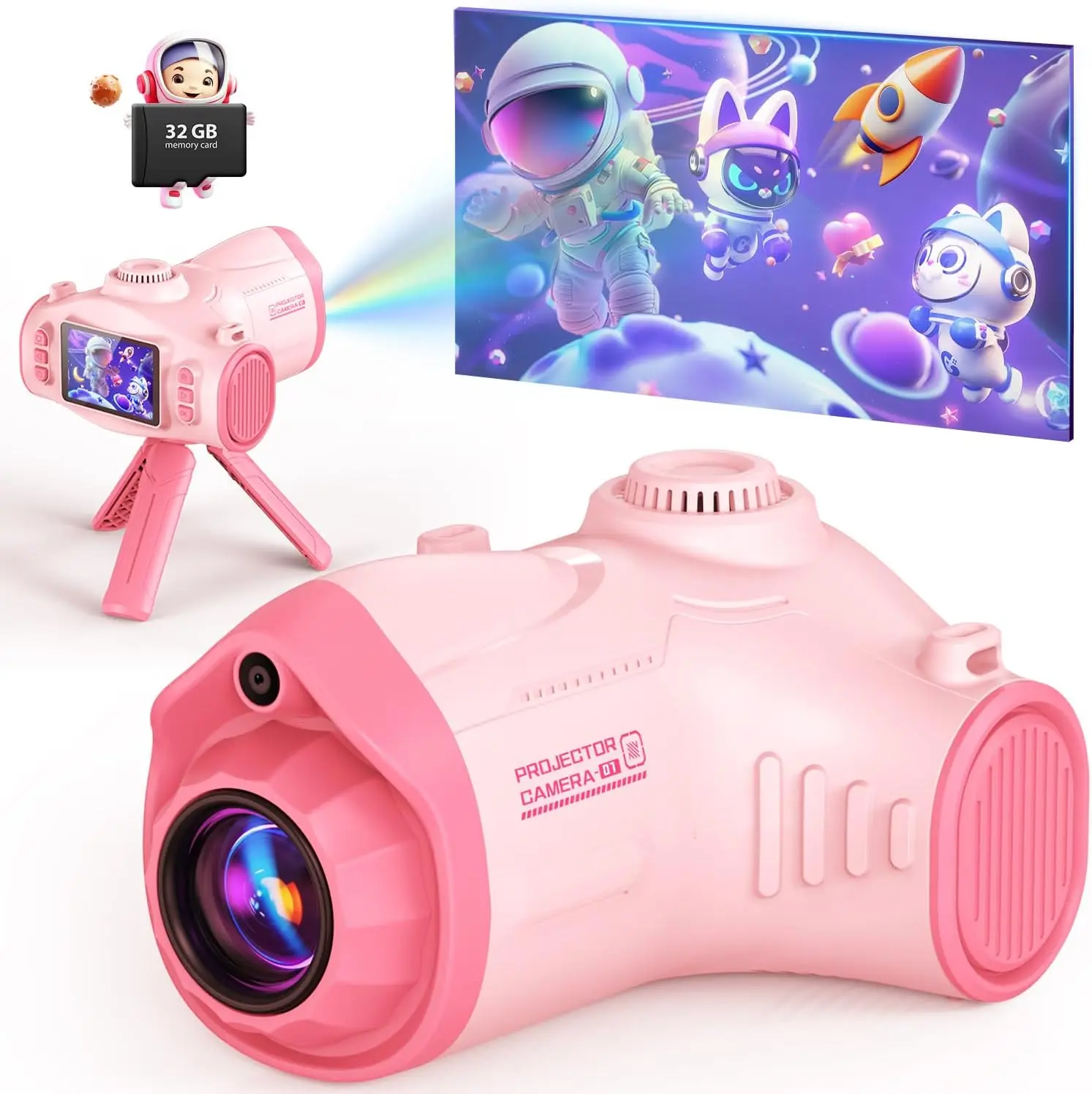 

Kids Camera with Projector, 48MP 1080P HD Video Recorder, 32GB SD Card, Tripod, Lanyard, Pink Gift for Boys Girls Ages 3-12