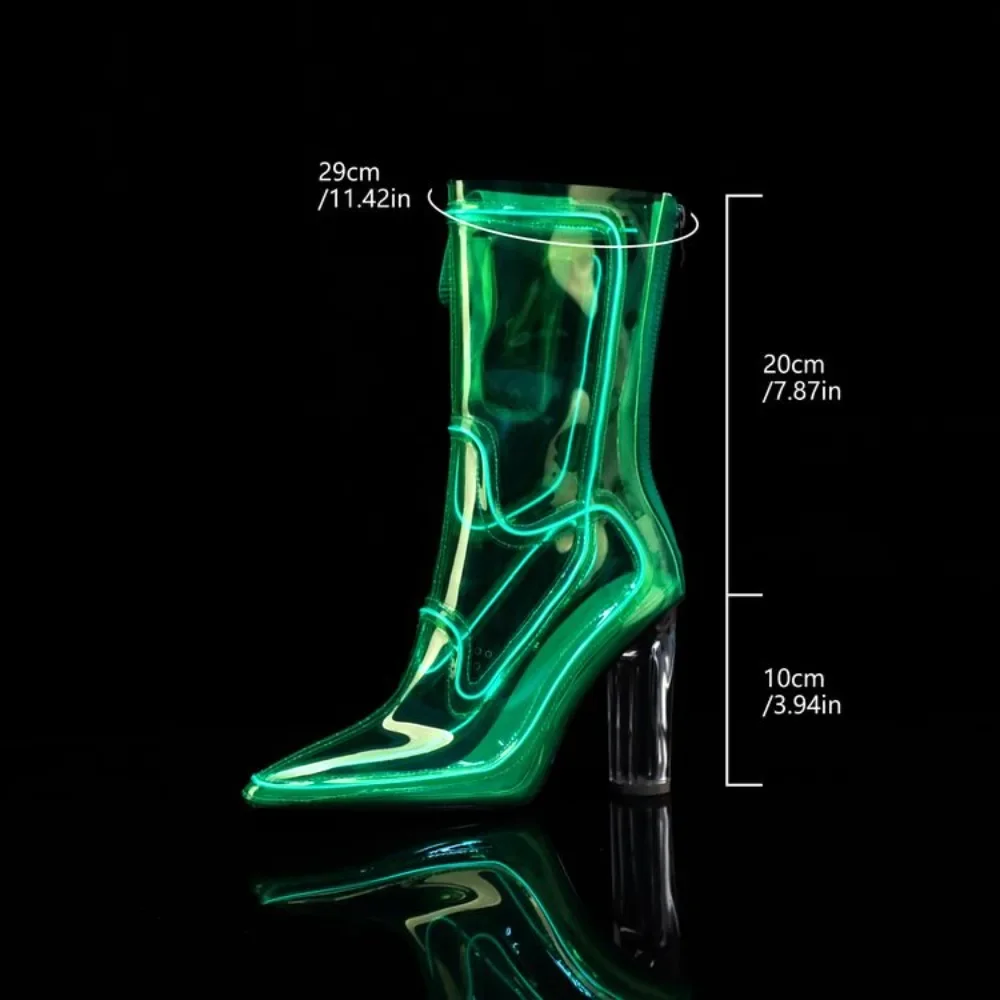 Womens Clear Transparent LED Lights Ankle Boots Transparent Block High Heel Shoes Crystal Pumps Party Sexy 5Colors Plus Size