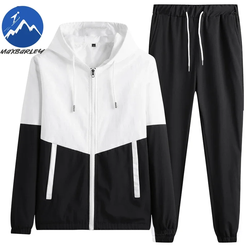 Spring Autumn Men Sportswear Set Casual Jogger Sweatsuit Hooded Jacket + Pants Two Piece Hip Hop Running Training Sports Suit